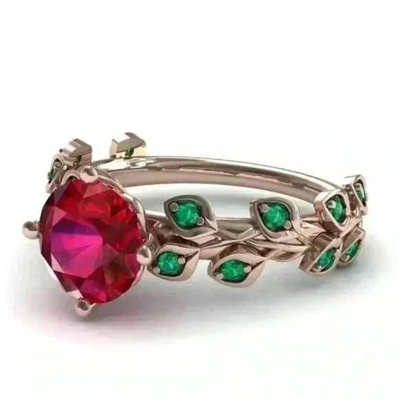 NEW Beautiful 14k Rose Gold Over Silver Ruby Emerald Rose Ring - Picture 2 of 4